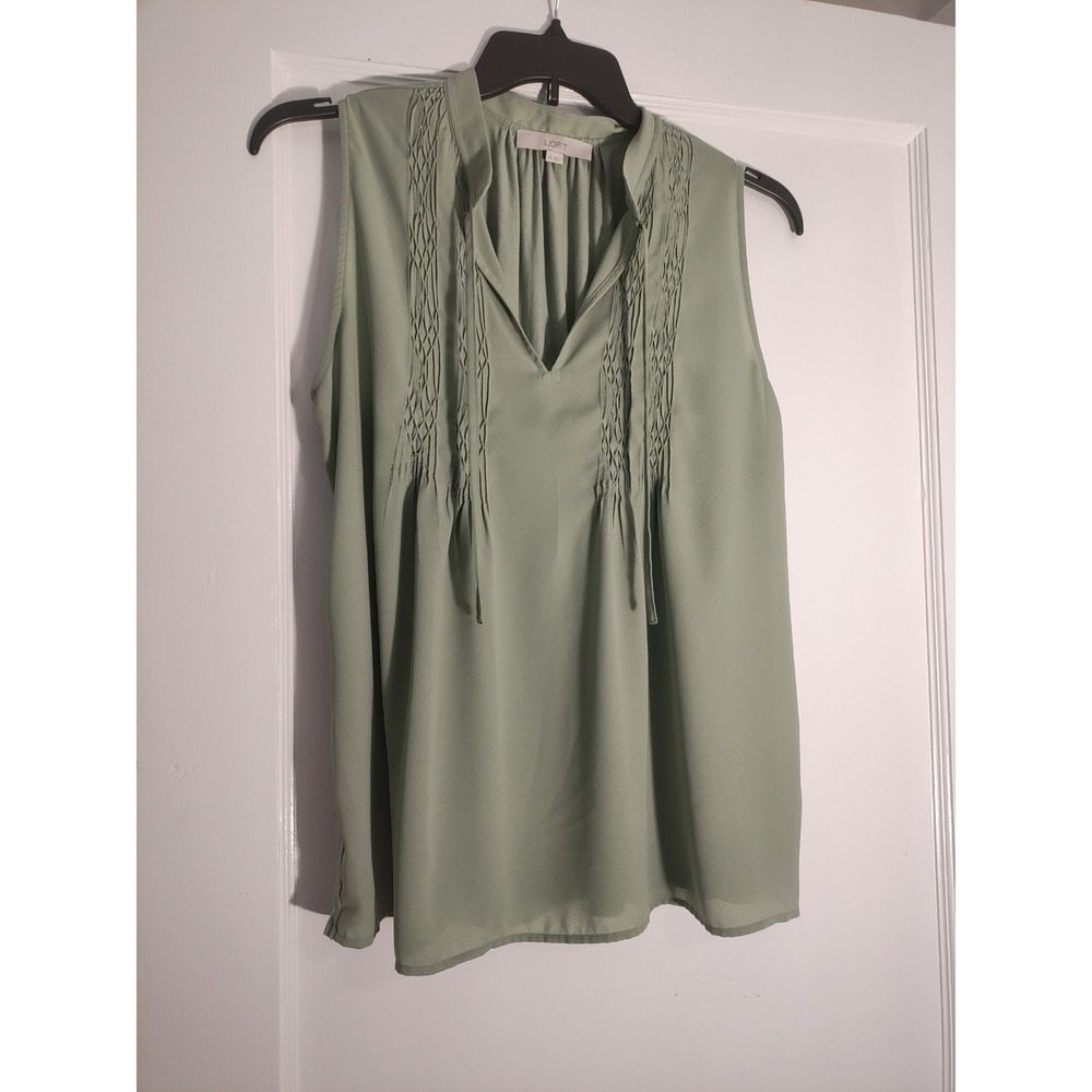 LOFT Women's XL Sage Green Sleeveless Blouse Smocked Tie Neck Boho Top